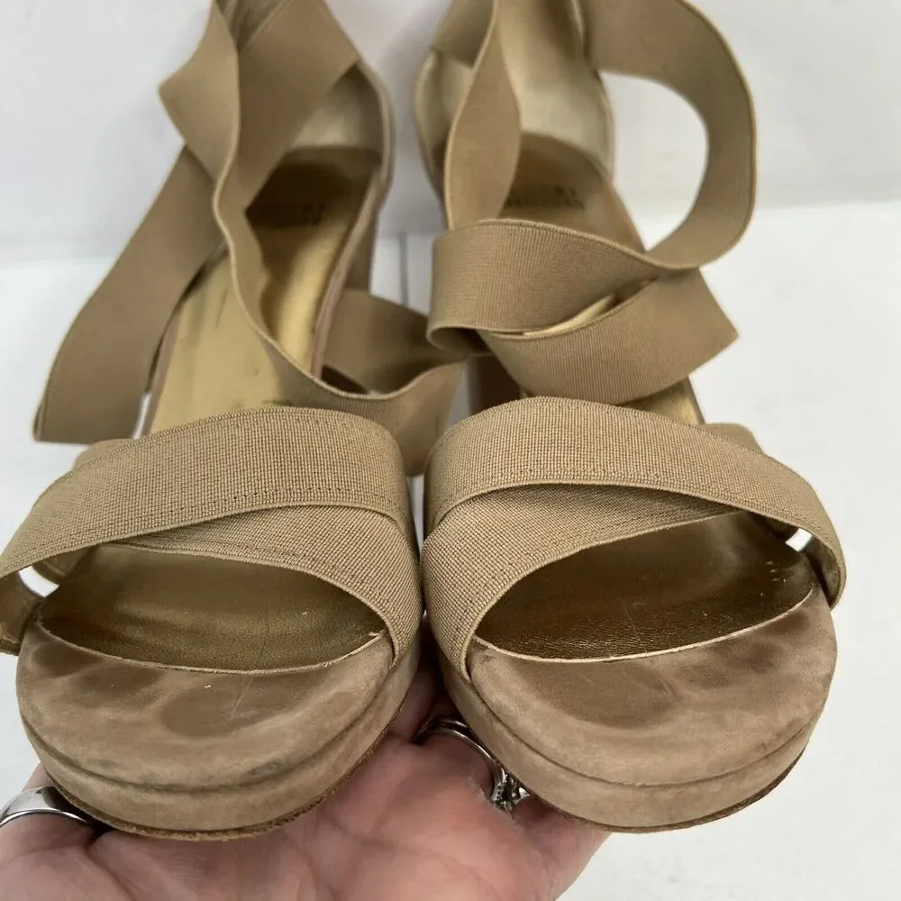 Stuart Weitzman Size 38 US 7.5 Heels‎ Elastic Strap Wrap Tan Suede High Chunky